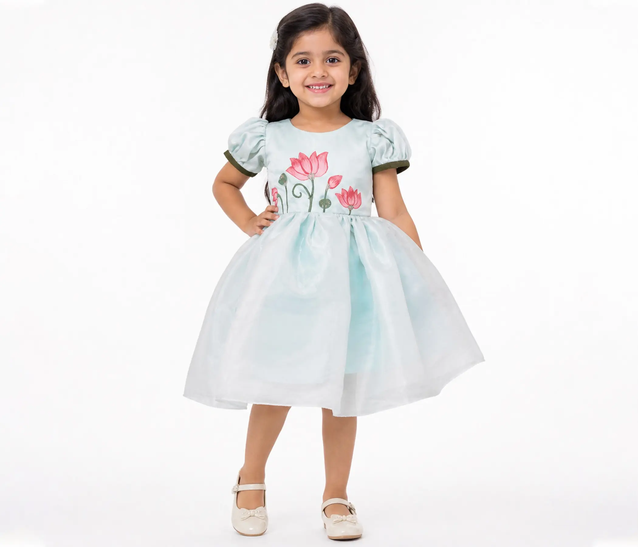 Hand Painted Lotus Organza Party Dress for Girls | Premium Kids Occasion Wear